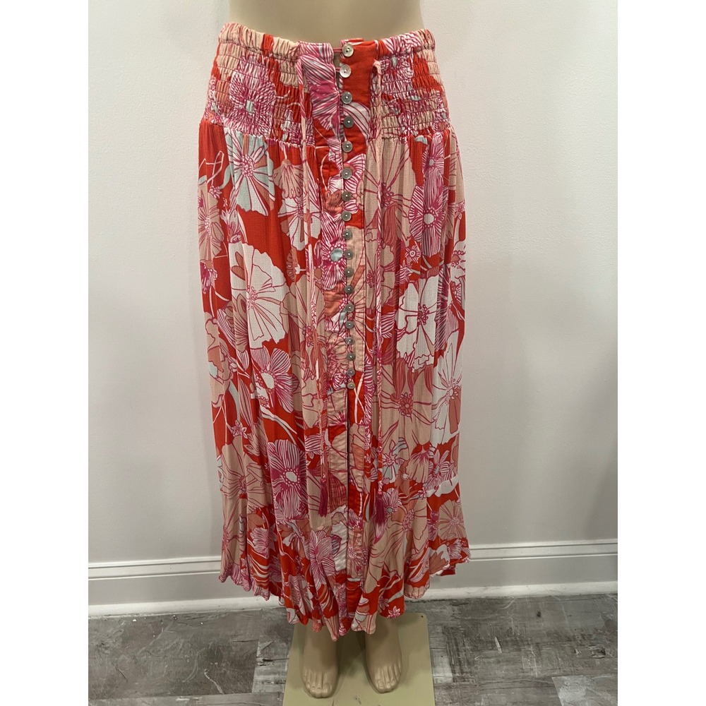 C&C California Maxi Skirt Womens Small Red Floral Smocked Waist Button Front Tie